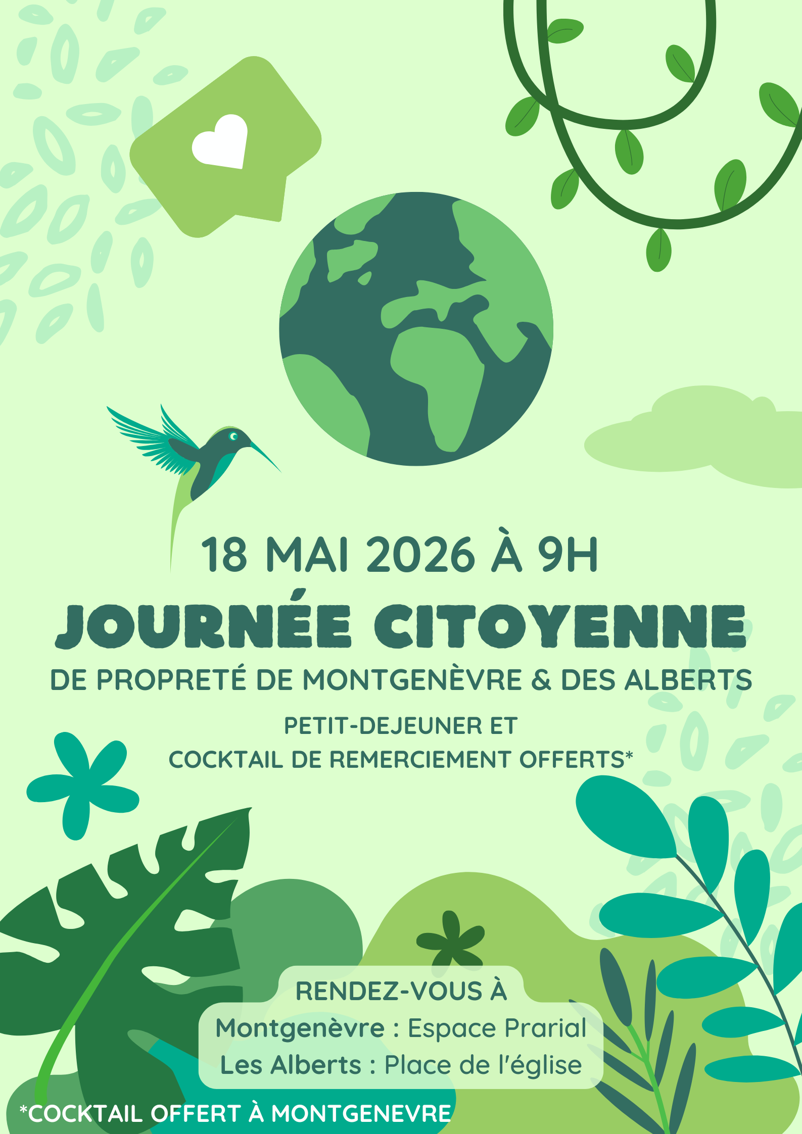 Invitation to a citizen day event on 18 May 2026 at 9AM in Montgenèvre and Les Alberts, promoting environmental cleaning and community effort.
