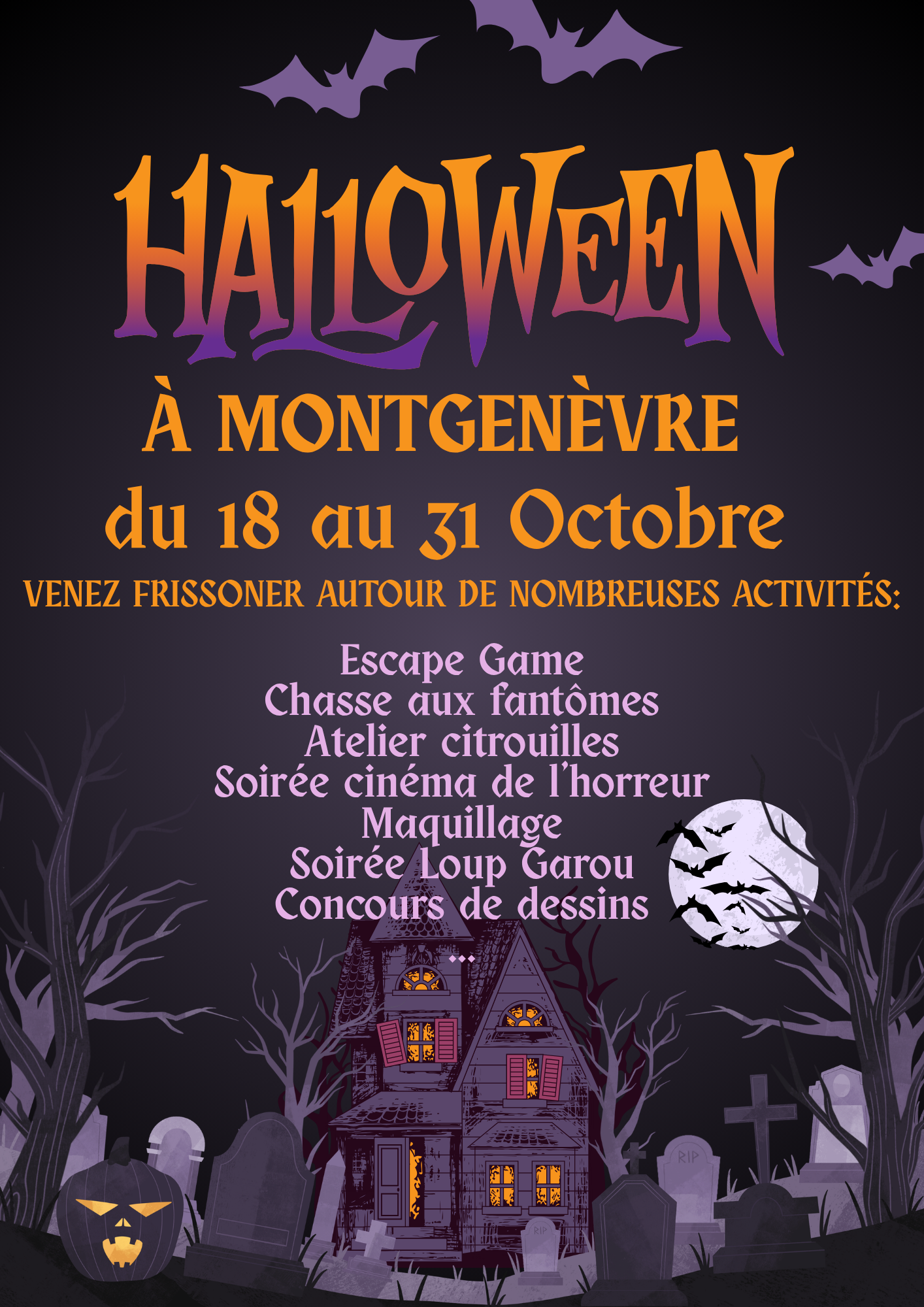 Affiche Halloween à Montgenèvre annonçant les dates du 18 au 31 octobre et les activités (Escape Game, chasse aux fantômes, maquillage, soirée cinéma).